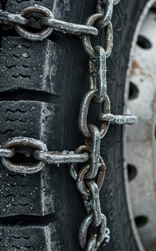 Closeup of a tire with snow chains The tire is black and grooved with a white wheel